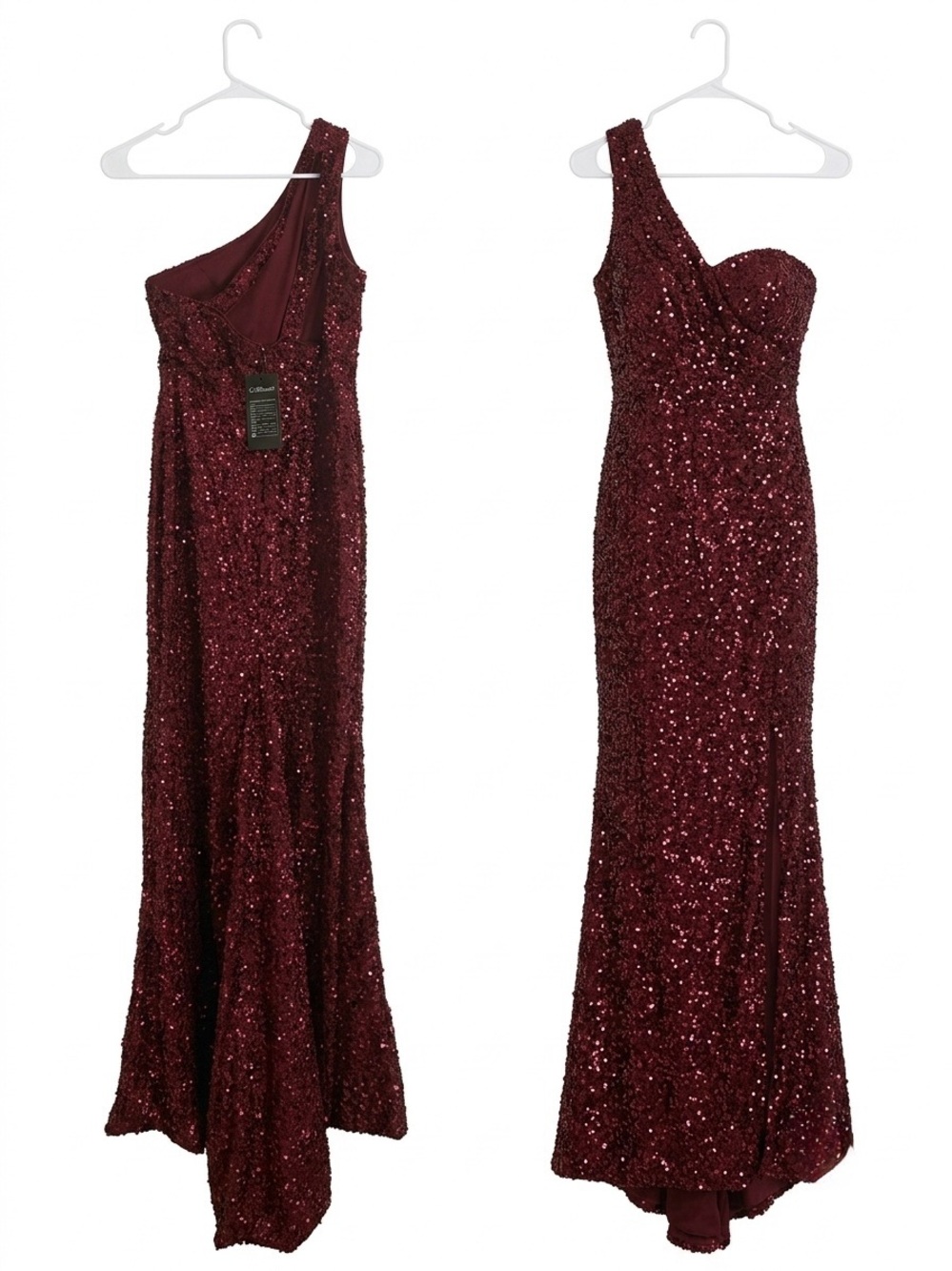 One-Shoulder Burgundy Sequin Evening Gown